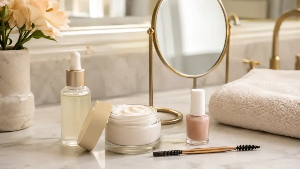 Routine beauté avec soins visage, accessoires et vernis sur une coiffeuse lumineuse