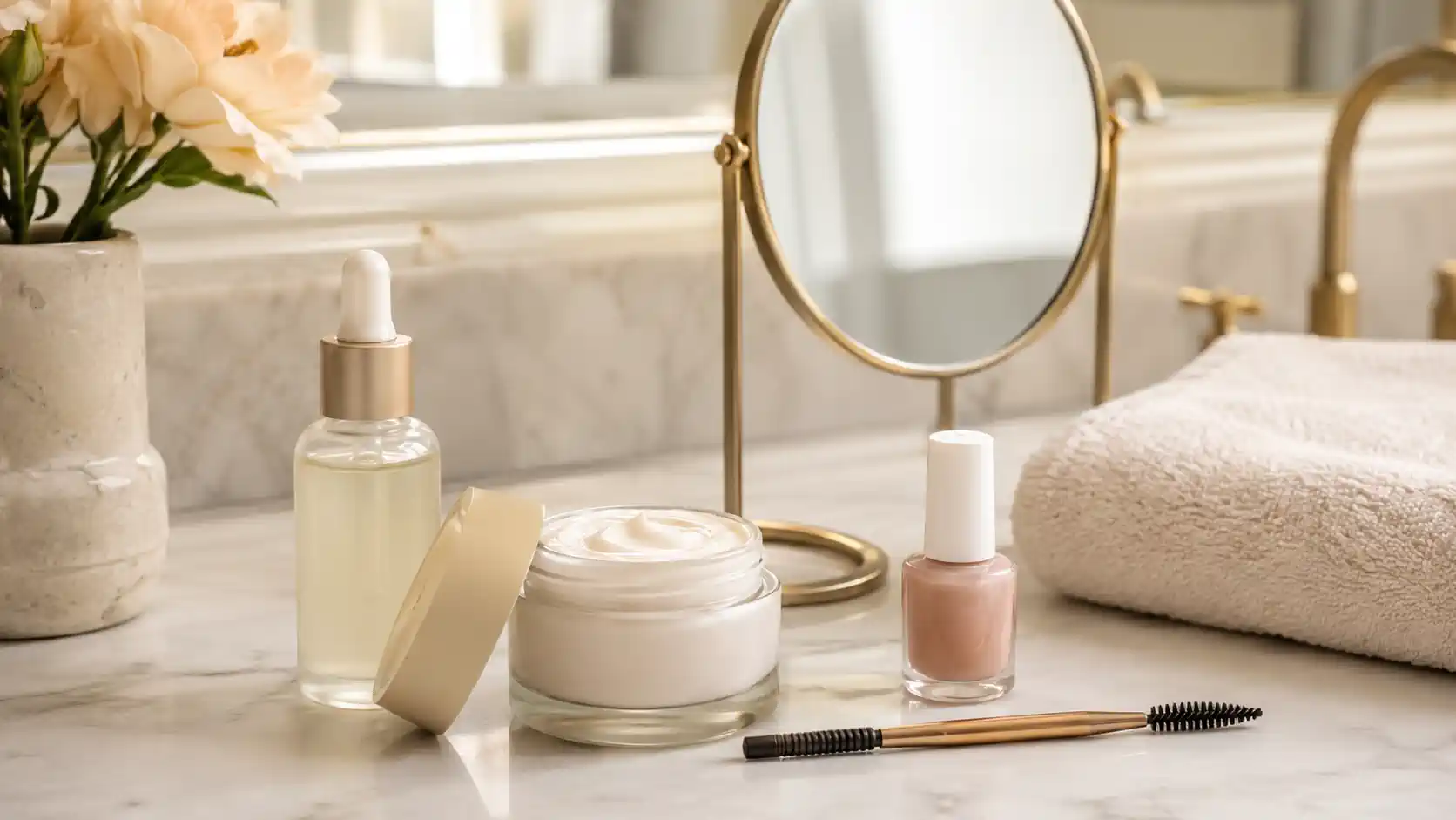 Routine beauté avec soins visage, accessoires et vernis sur une coiffeuse lumineuse