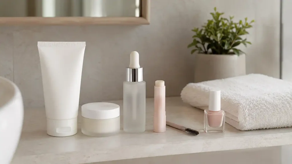 Quelques soins beauté essentiels rangés simplement dans une salle de bain lumineuse