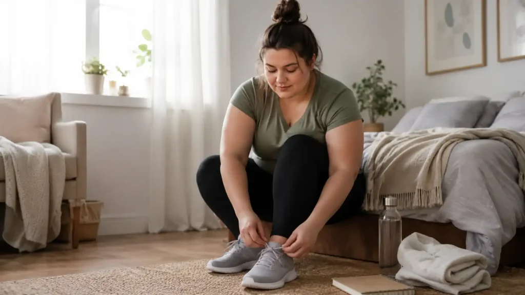 Femme préparant une routine douce pour retrouver une silhouette plus confortable