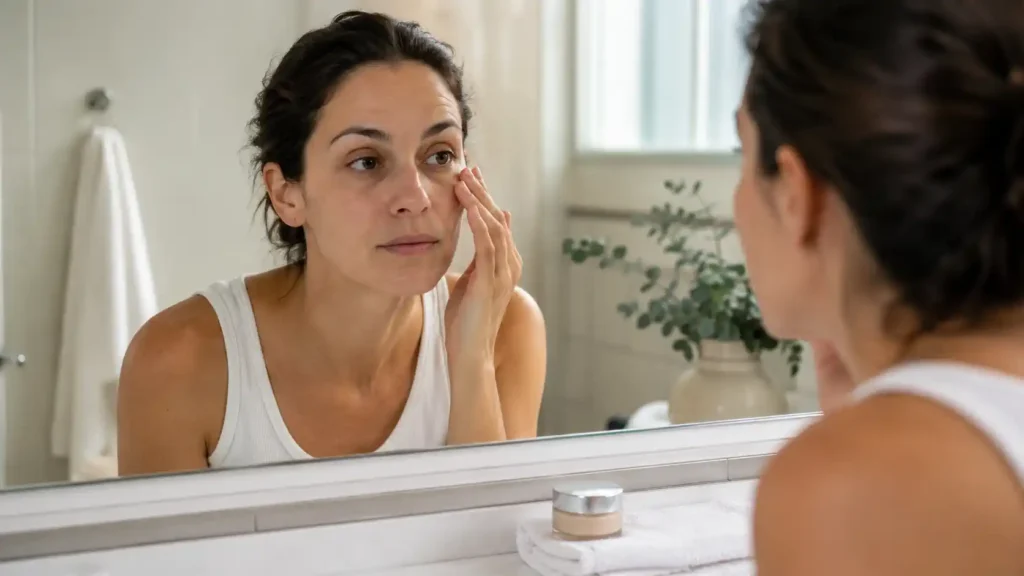 Femme observant ses cernes dans un miroir avant une routine soin du regard