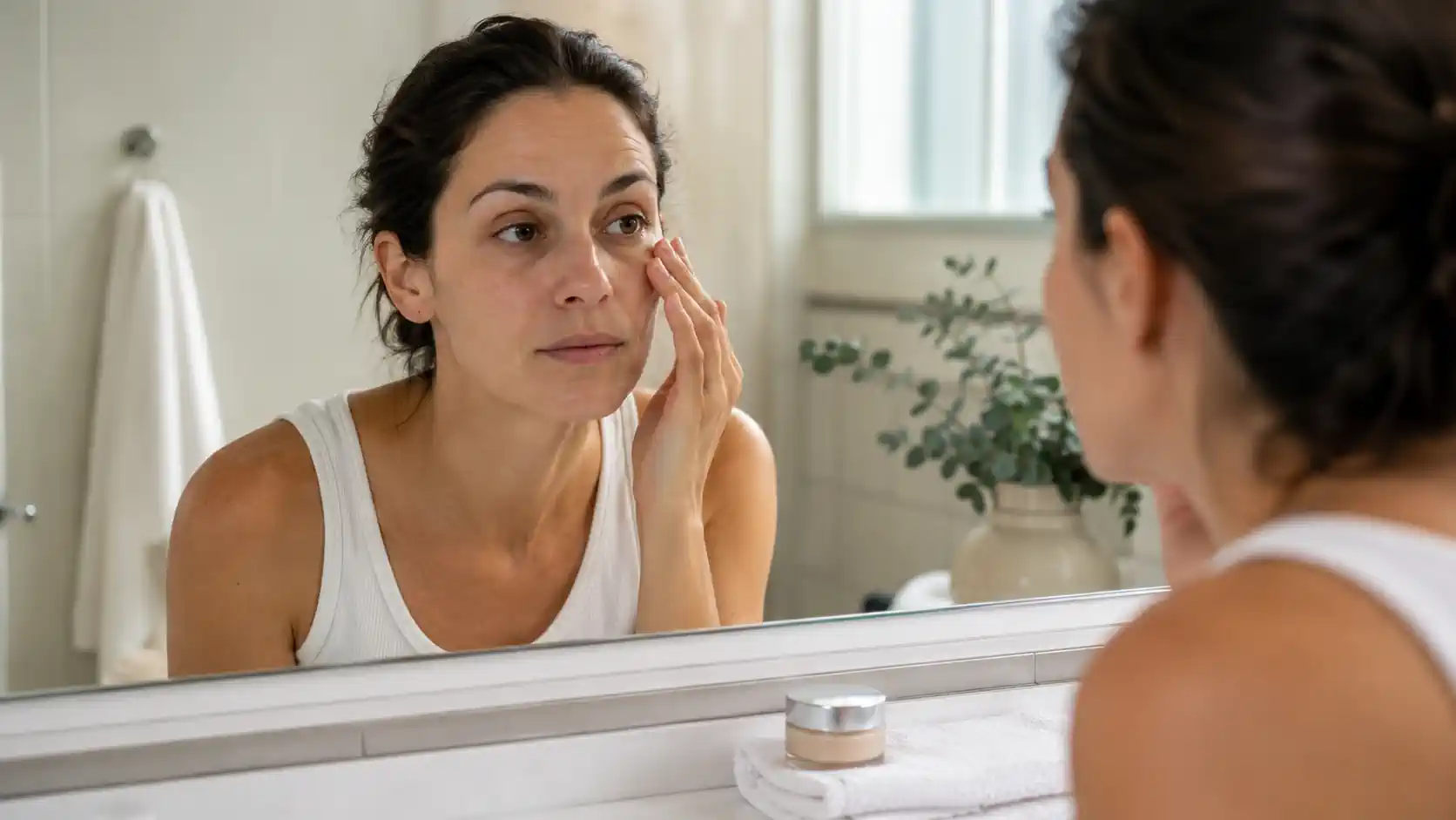 Femme observant ses cernes dans un miroir avant une routine soin du regard
