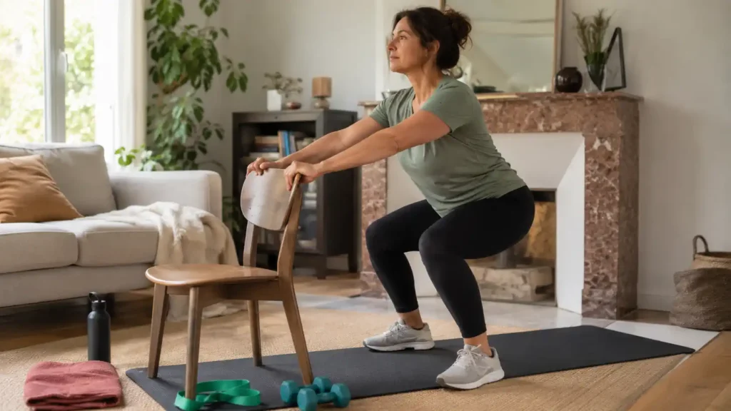 Femme réalisant un exercice de renforcement musculaire accessible à la maison