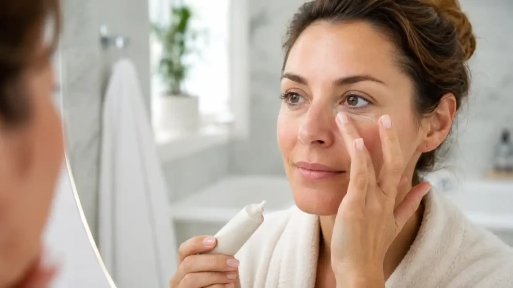 Application douce d’un soin contour des yeux pour atténuer les cernes
