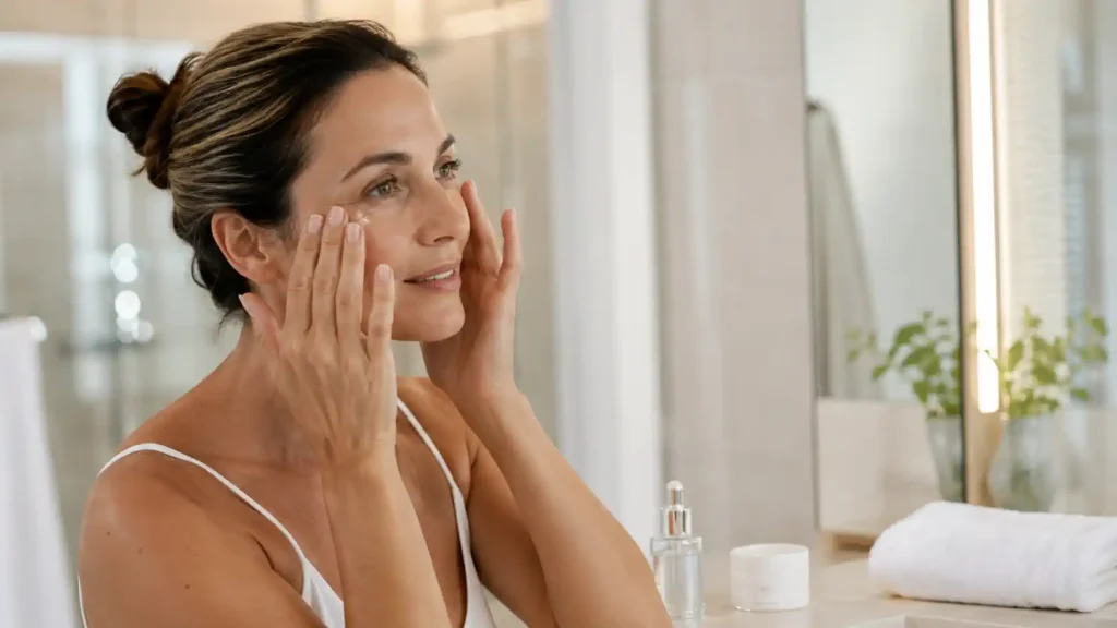Application douce d’un soin anti-rides sur le visage