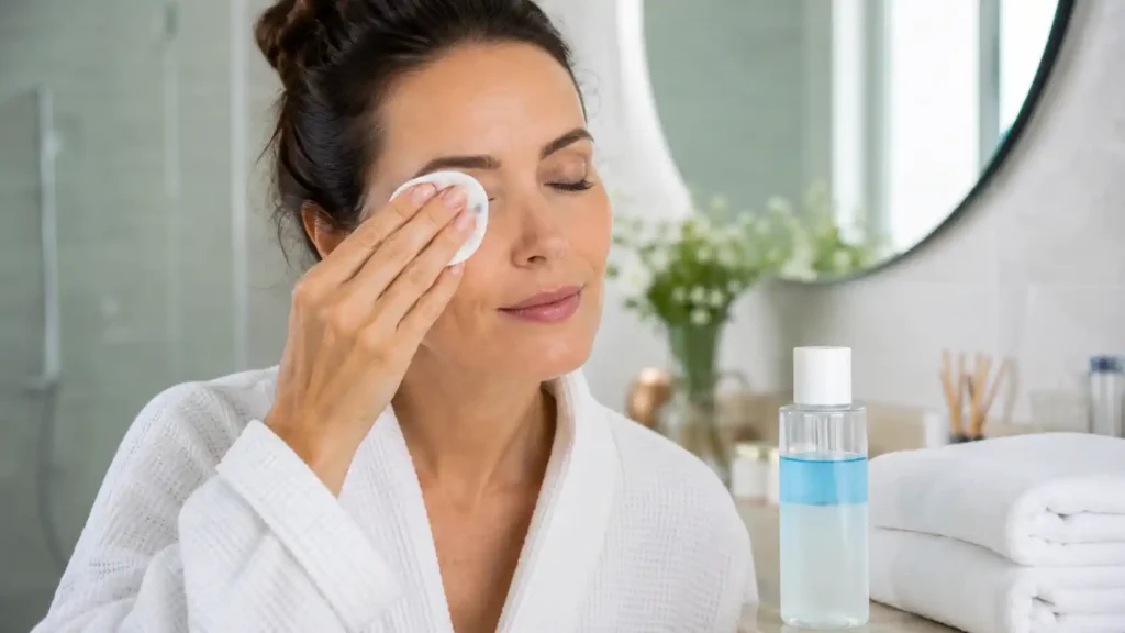 Coton lavable posé sur une paupière pour démaquiller les yeux en douceur