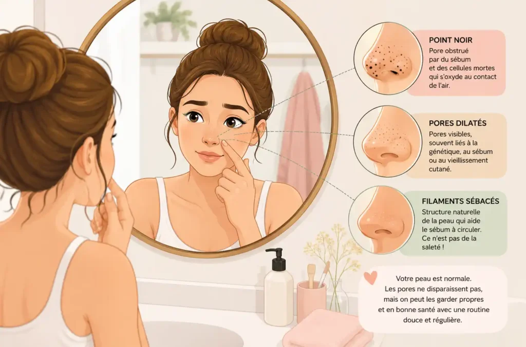 Illustration d’une femme observant ses pores et points noirs dans un miroir