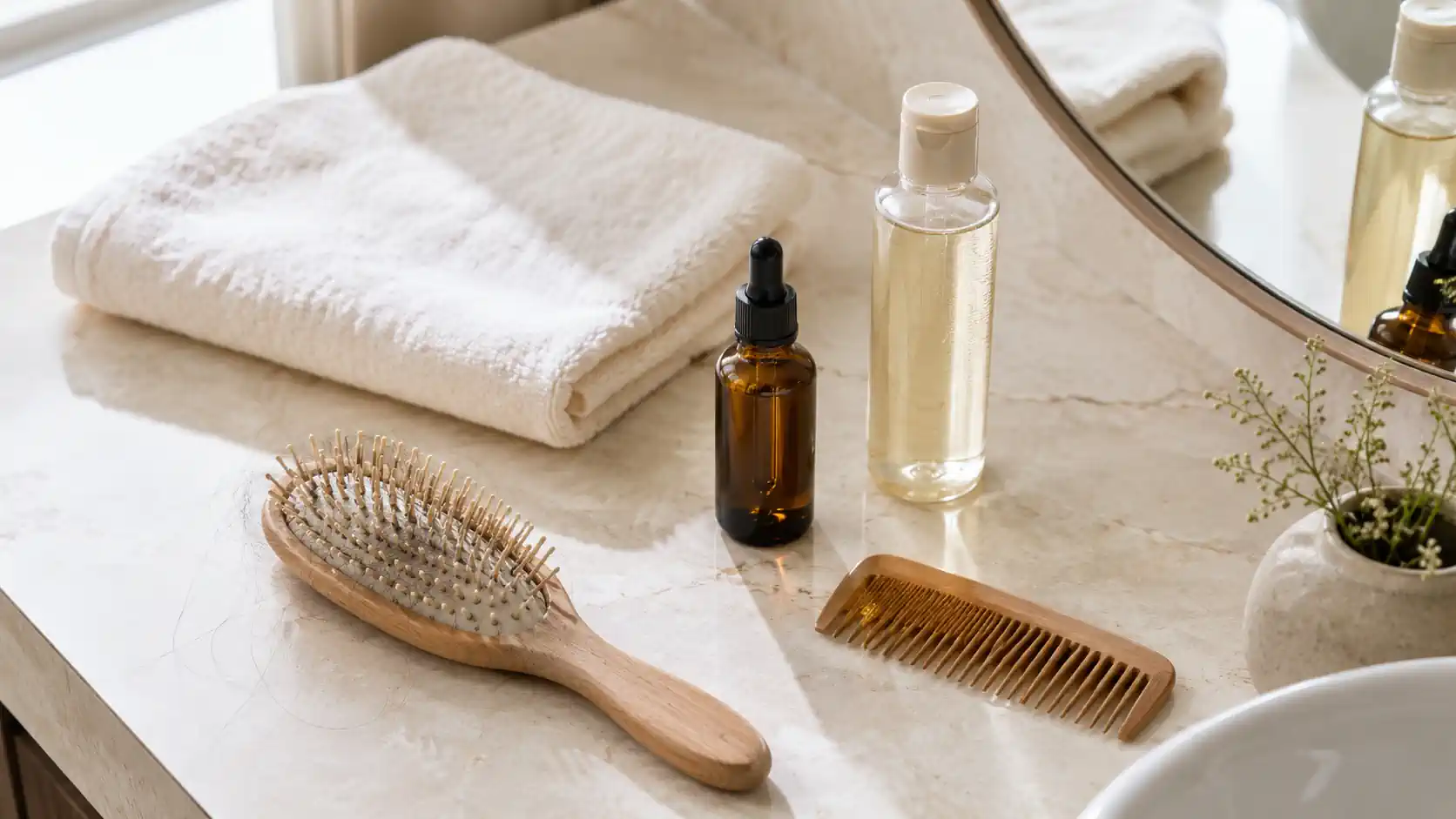 Brosse, sérum et shampoing doux pour une routine chute de cheveu