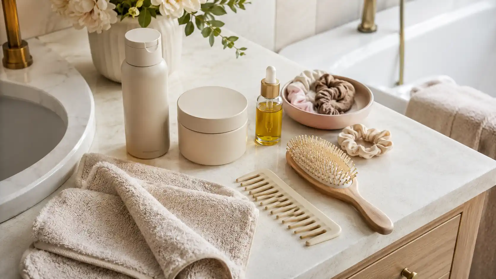 Shampoing, masque, peigne et serviette pour une routine soin cheveux