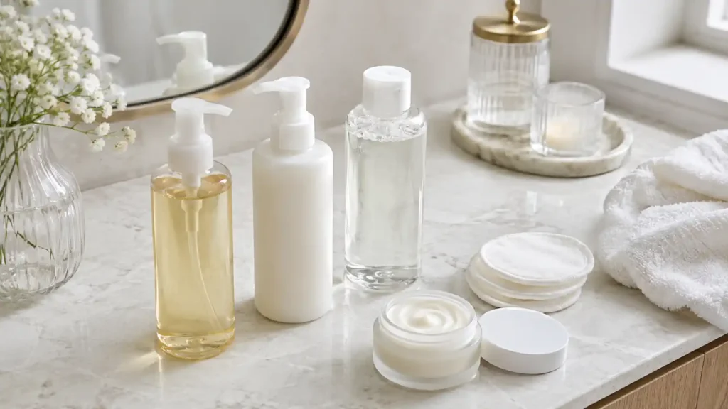 Huile, lait, eau micellaire et crème démaquillante sur un plan de toilette