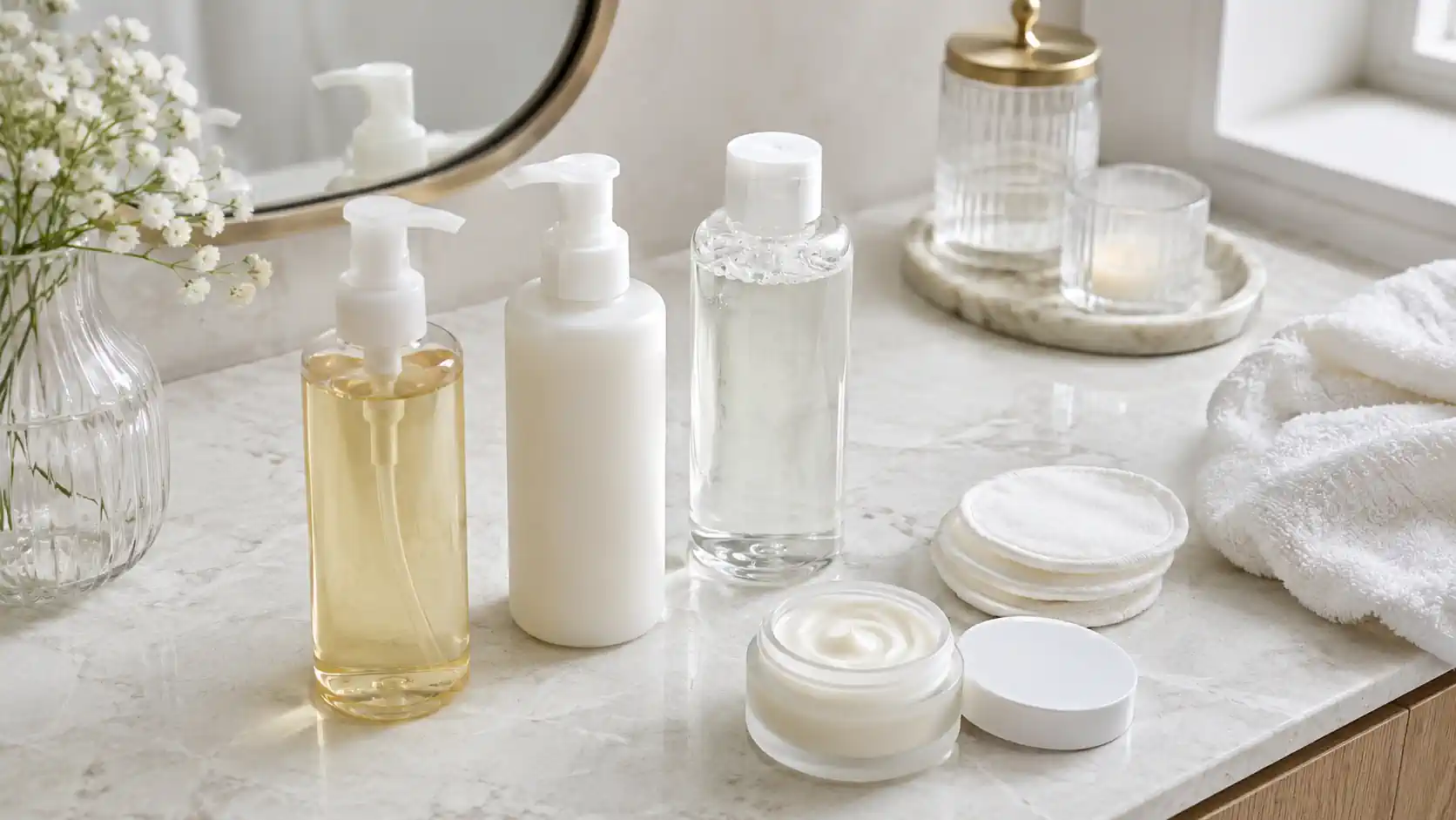 Huile, lait, eau micellaire et crème démaquillante sur un plan de toilette