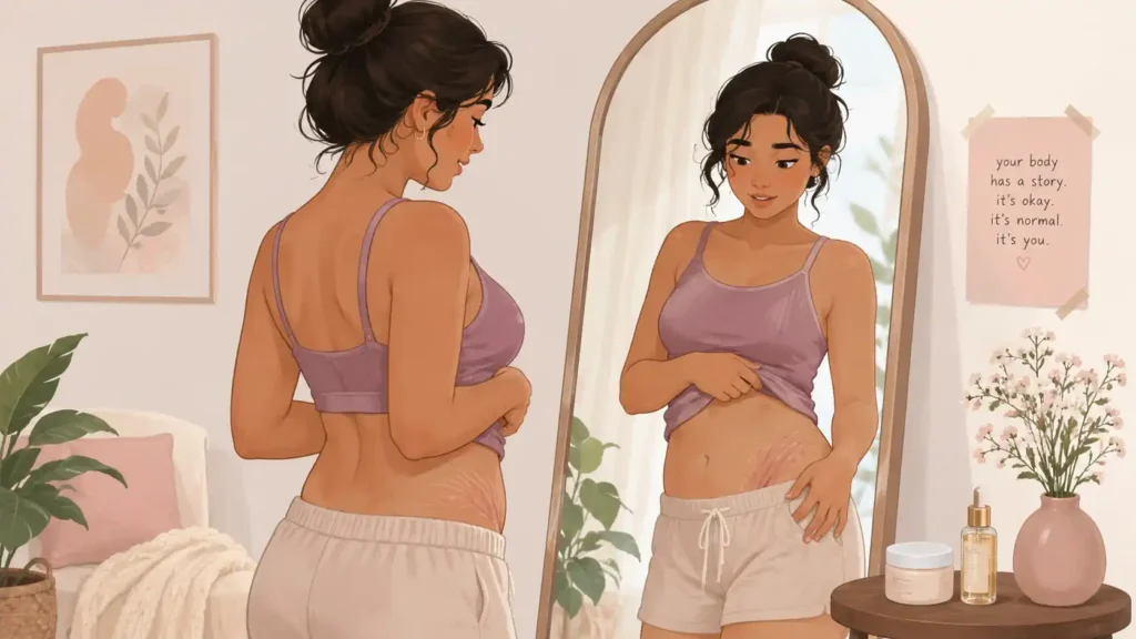 Illustration d’une femme observant ses vergetures avec bienveillance