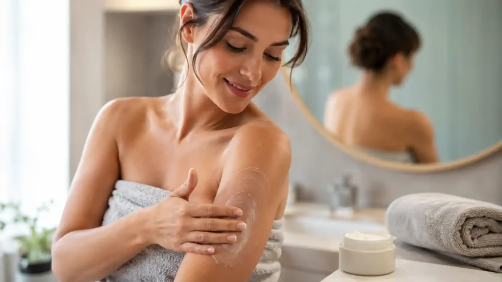 Application douce d’une crème hydratante sur la peau