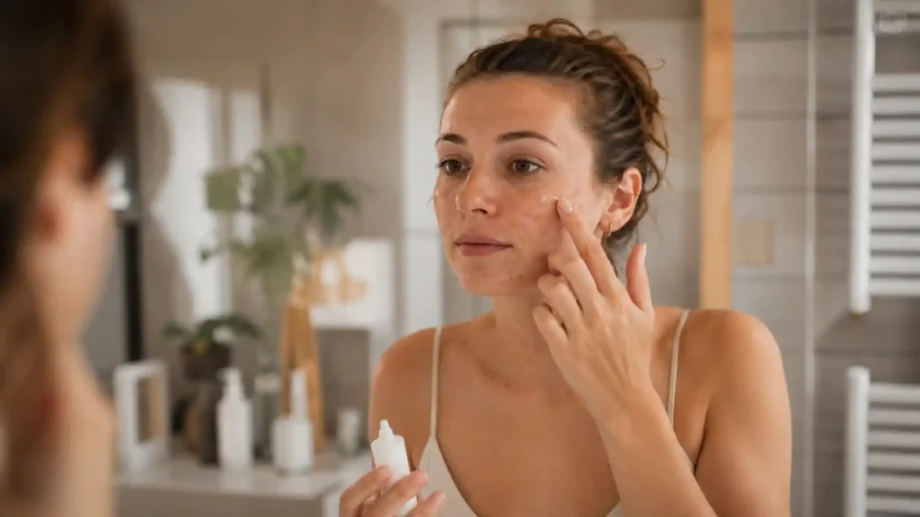 Femme appliquant doucement un soin anti-acné sur une zone du visage sans toucher les boutons