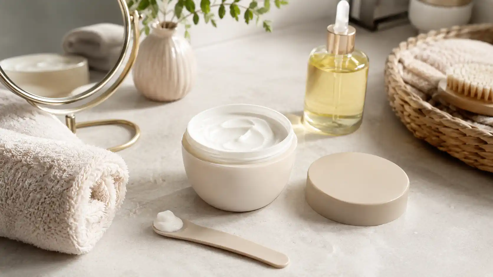 Pot de crème anti-vergetures avec spatule et huile de soin