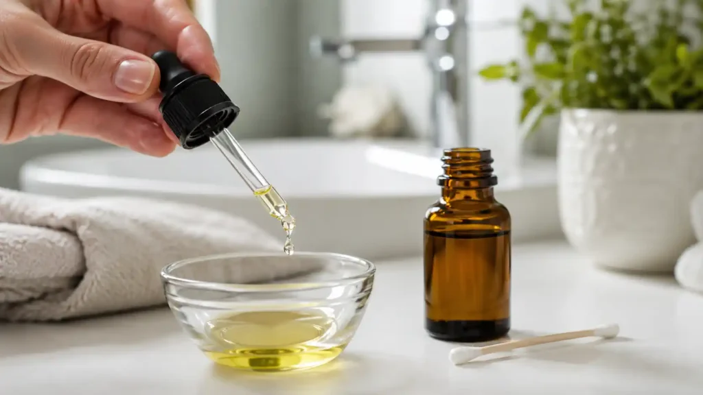 Huile essentielle de tea tree diluée dans une huile végétale avant application locale