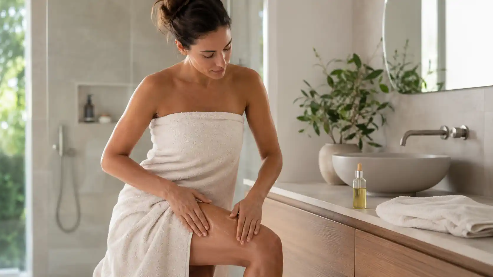 Femme appliquant une huile anti-cellulite sur sa cuisse