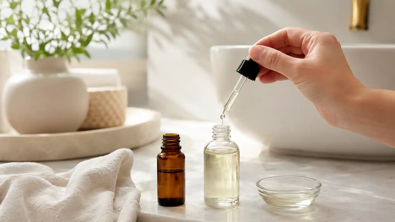Huile essentielle diluée dans une huile végétale pour une utilisation prudente sur les imperfections
