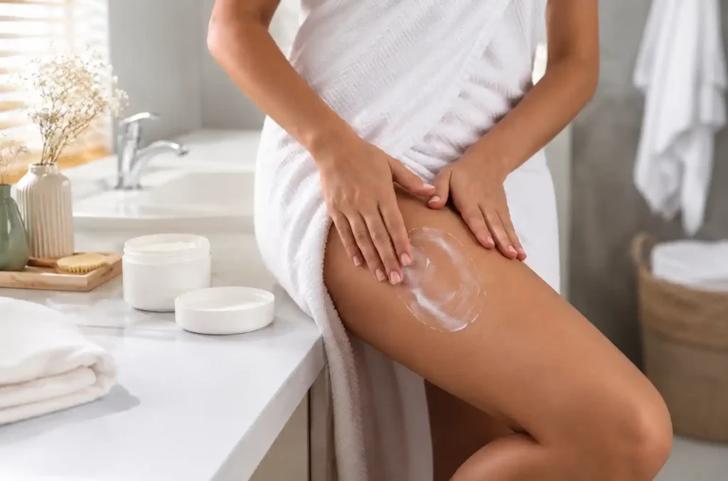 Application d’une crème anti-cellulite sur la cuisse