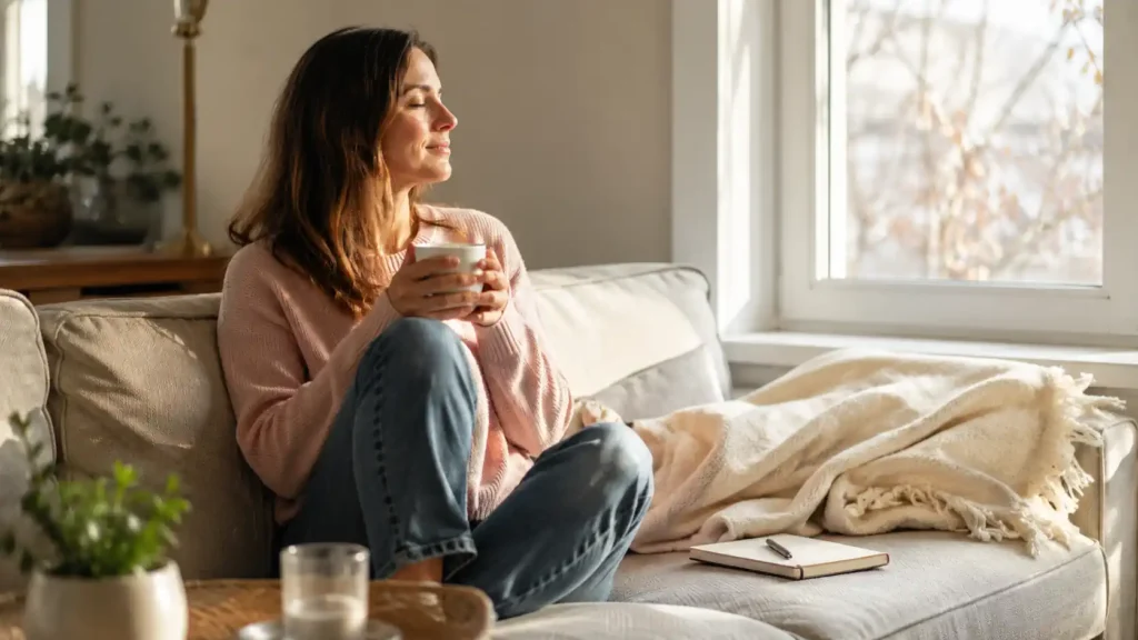 Pause bien-être avec carnet, boisson chaude et ambiance calme à la maison