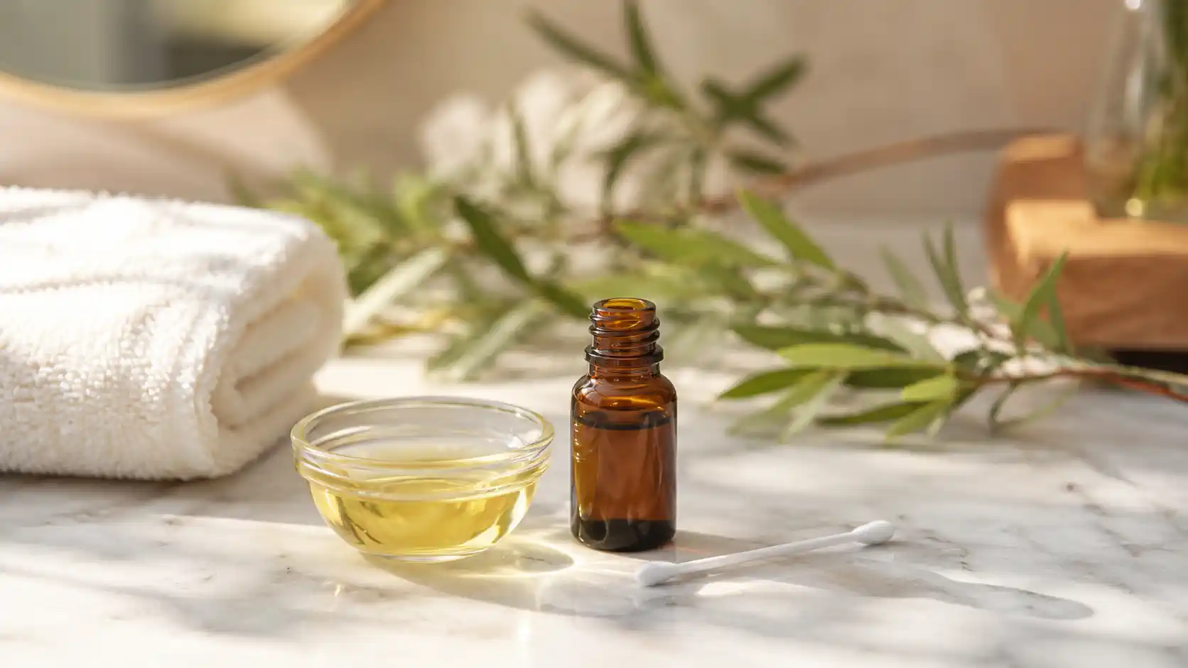 Flacon de tea tree, huile végétale et coton propre pour une application locale sur les boutons
