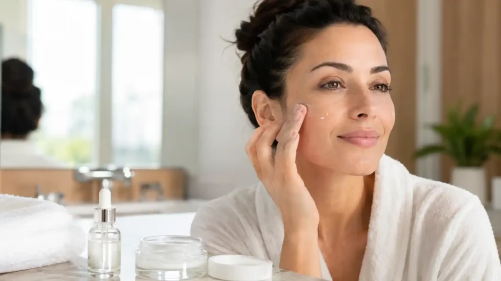 Application douce d’un sérum à la bave d’escargot sur le visage