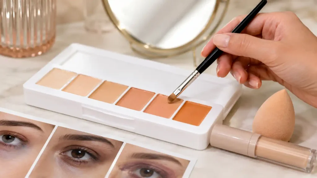 Nuances de correcteurs et anti-cernes sur une palette de maquillage