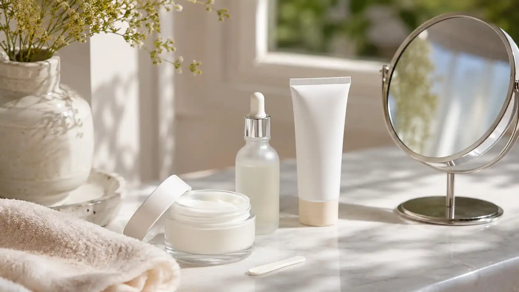 Crème anti-rides, soin visage et protection solaire sur une coiffeuse lumineuse