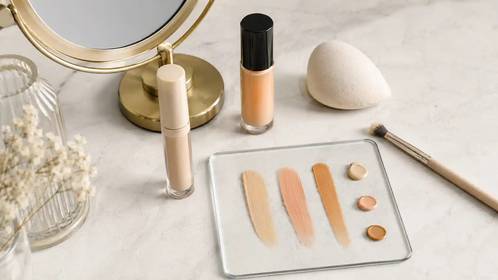 Produits anti-cernes et correcteurs posés sur une coiffeus
