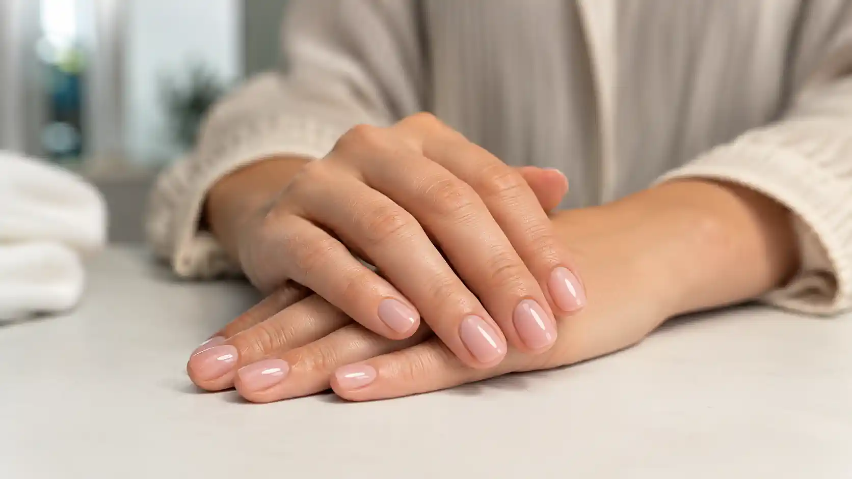 Ongles naturels avec un vernis semi-permanent renforcé
