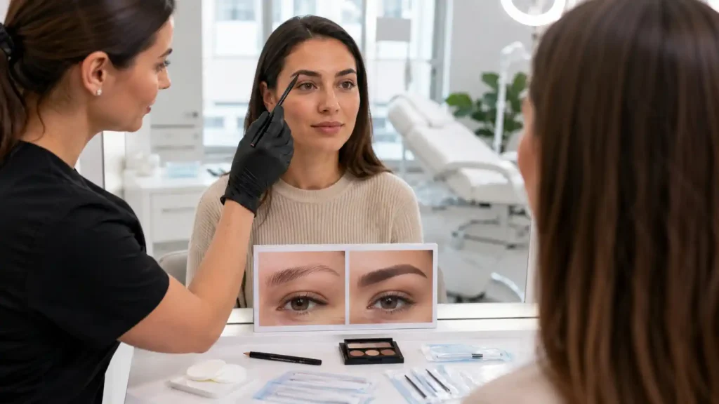 Professionnelle conseillant une cliente entre microblading et microshading