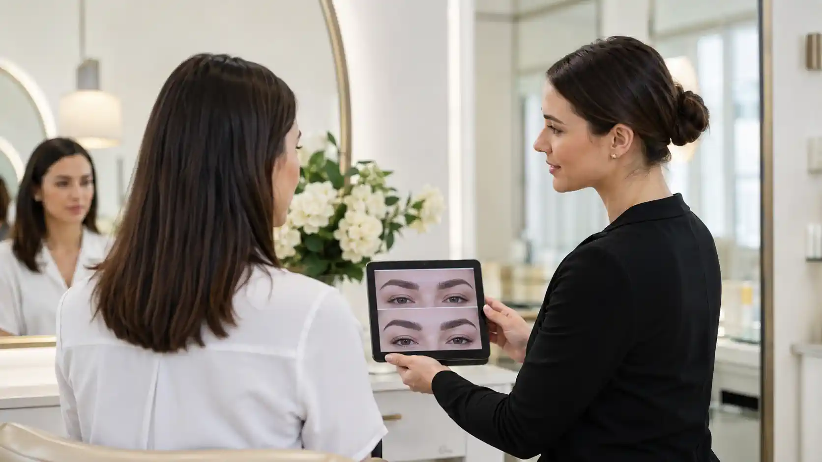 Professionnelle présentant les différences entre microblading et microshading à une cliente