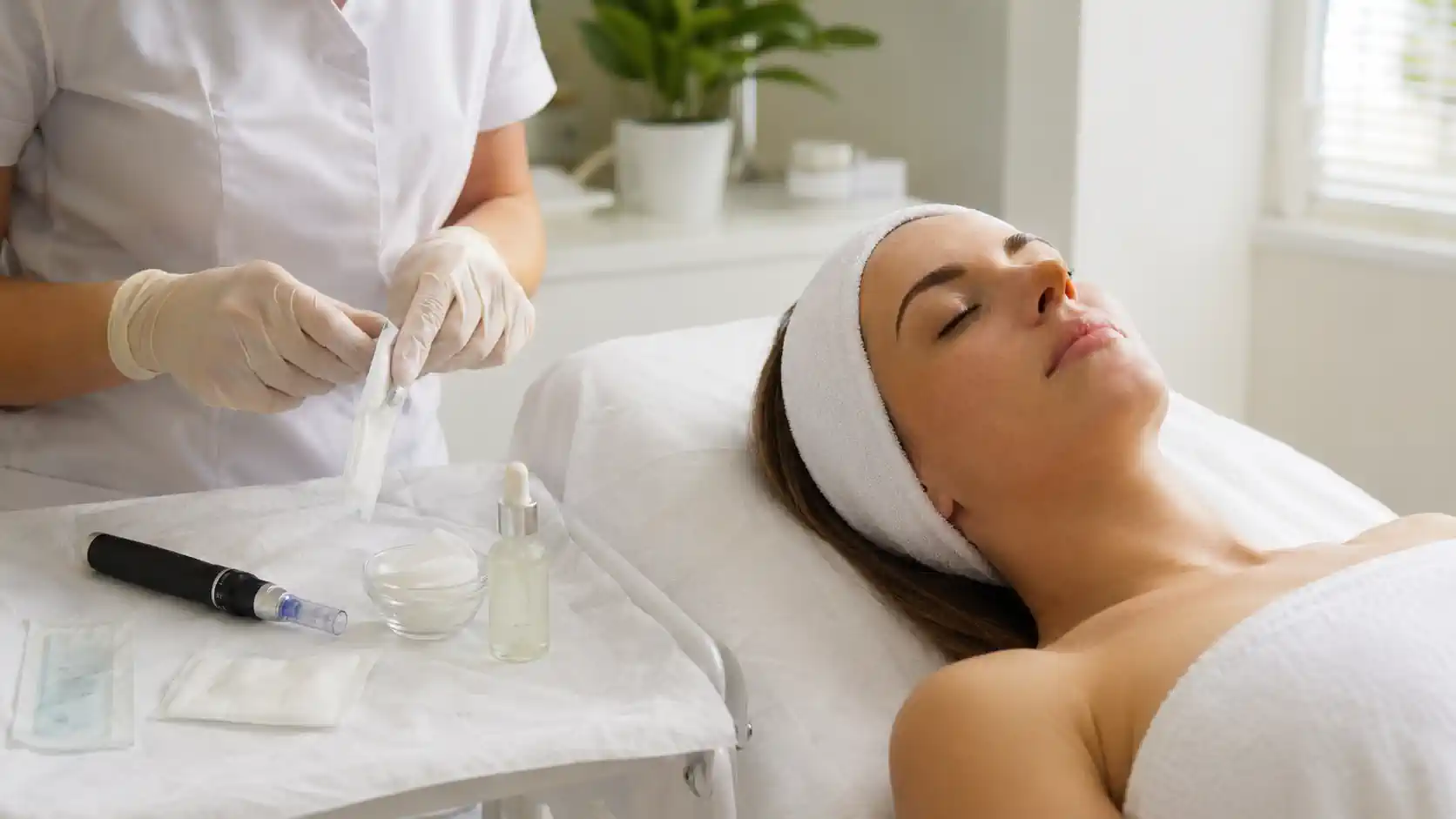 Professionnelle préparant un soin de microneedling du visage