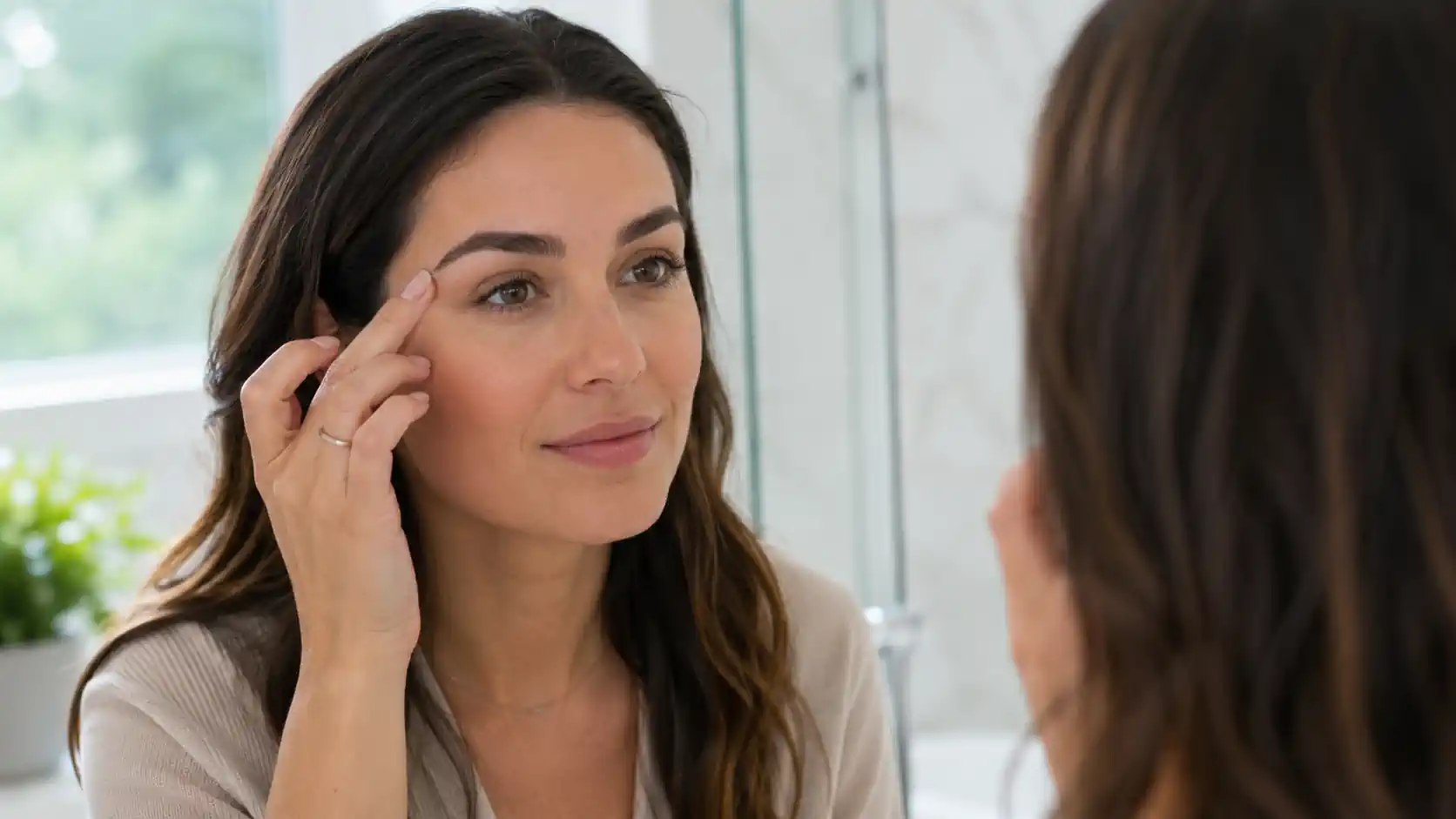Femme observant ses sourcils après un microshading en cicatrisation