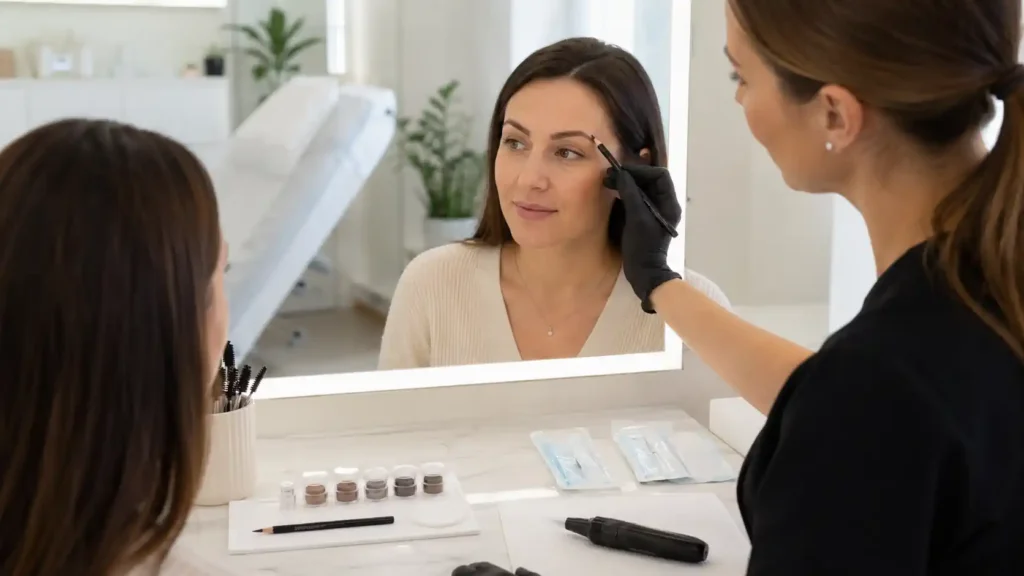 Professionnelle préparant le tracé des sourcils avant un microshading