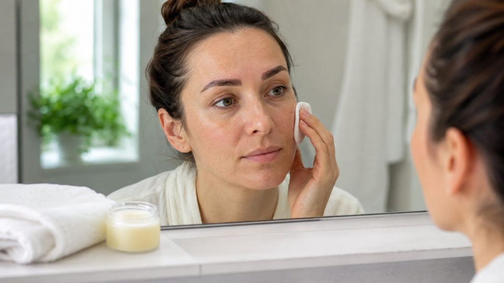 Femme observant la cicatrisation de ses sourcils après un microblading