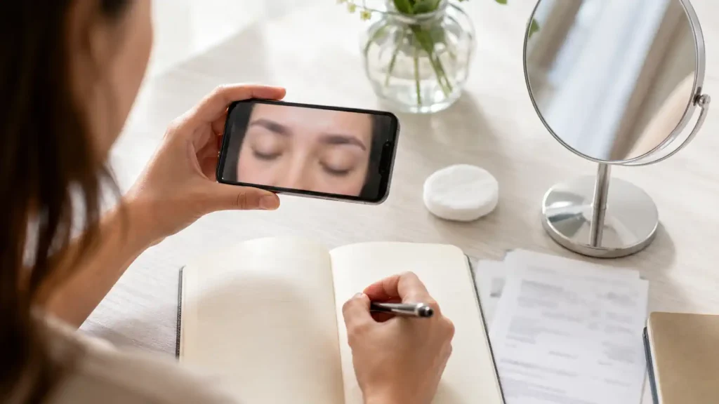 Téléphone et documents pour suivre un microblading raté