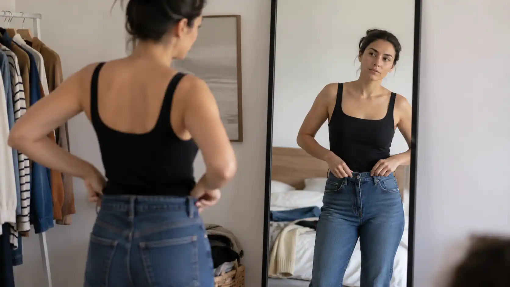 Femme ajustant un jean devant un miroir pour vérifier sa taille de vêtement