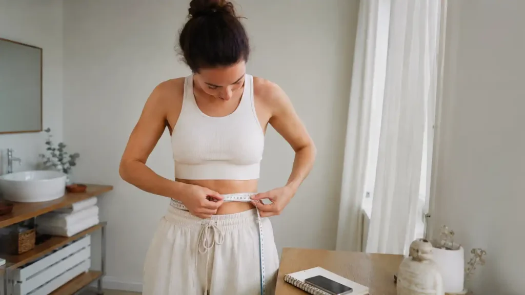 Femme mesurant son tour de taille avec un mètre ruban