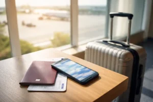 Passeport et smartphone avec réservation floue sur une table en zone d’embarquement, valise cabine à côté