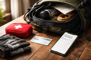 Sac de randonnée avec carte de membre et téléphone affichant des garanties d’assistance.