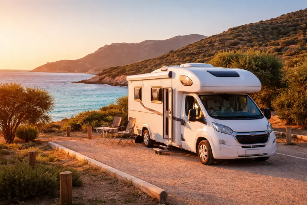 Camping-car stationné sur une aire en Corse, mer et maquis en arrière-plan.