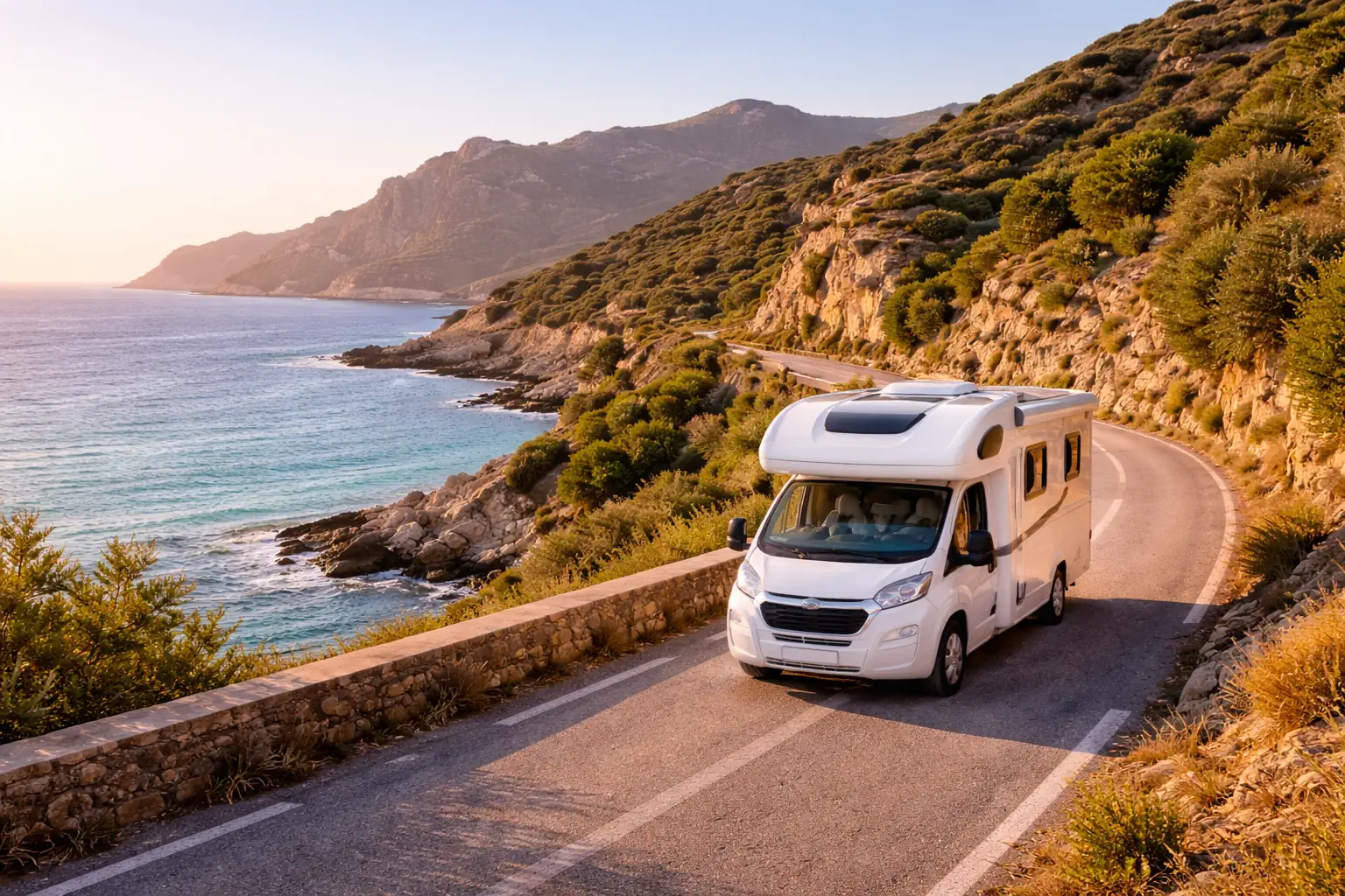 Camping-car blanc roulant sur une route côtière en Corse, avec la mer turquoise et des falaises en arrière-plan.