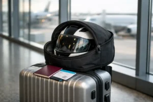Casque de moto dans une housse posé sur une valise cabine en zone d’embarquement.