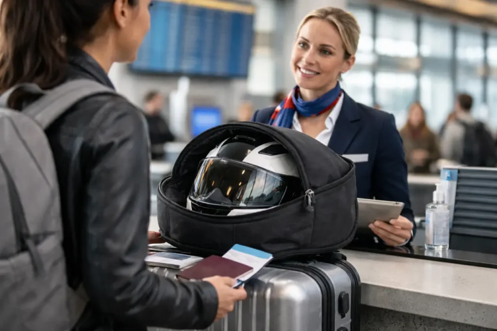Voyageuse au comptoir d’enregistrement montrant un casque de moto dans sa housse, posé sur une valise cabine, pendant qu’une agente consulte une tablette.