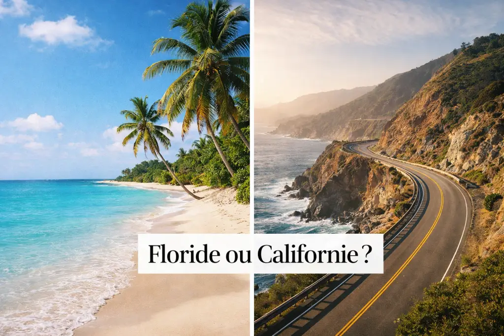 Montage photo comparatif : plage tropicale aux palmiers (Floride) à gauche, route côtière sur falaise au bord de l’océan (Californie) à droite.