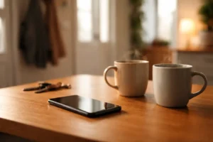 Téléphone posé sur une table avec deux tasses, ambiance de fin de journée et attente silencieuse.