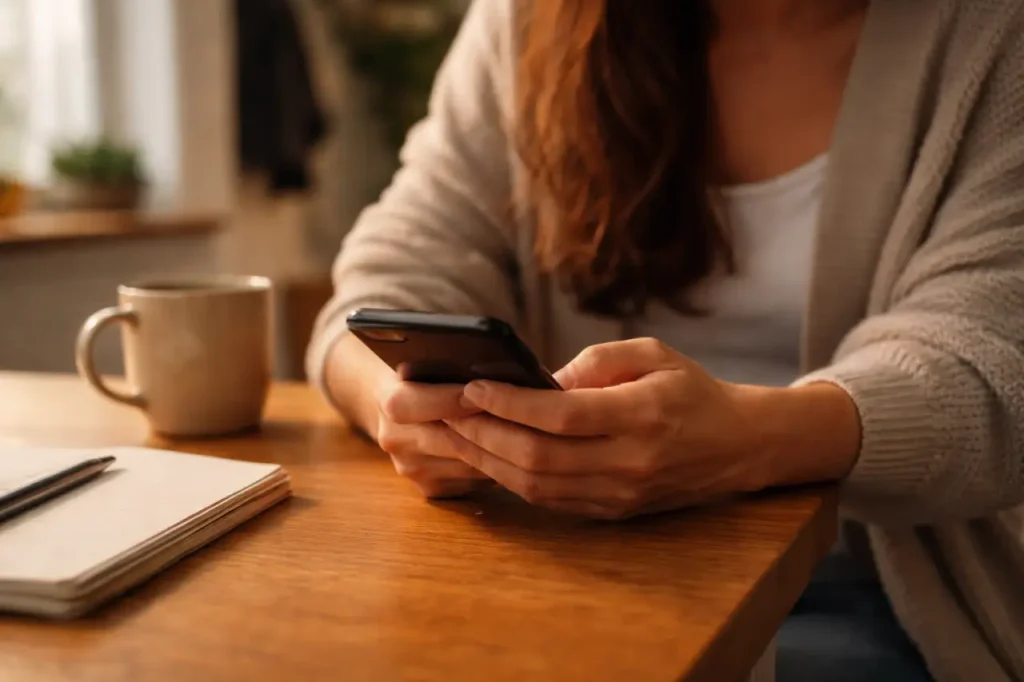 Mains d’une femme tenant un smartphone à une table, avec un carnet et une tasse, lumière douce de fin de journée.