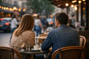 Couple à une terrasse de café, ambiance du quotidien, sujet de jalousie et respect dans le couple