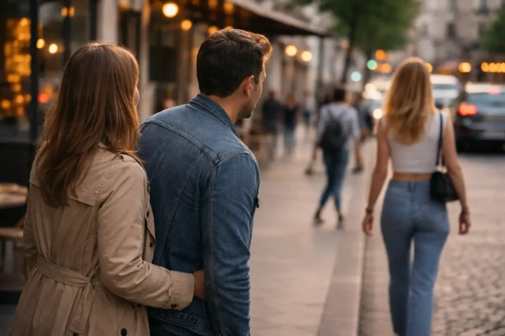 Couple marchant en ville en fin de journée, l’homme se retourne pour regarder une passante, tandis que sa partenaire observe la scène.